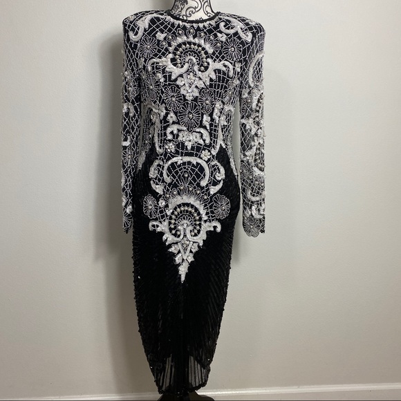Vintage Negpal Silk Beaded Sequin Midi Dress S - Picture 1 of 16